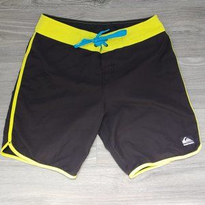 Good Used Condition Men's QUIKSILVER Board Shorts Black w/ Neon YellowTrimMEDIUM